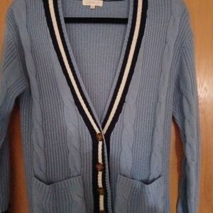 Blue Cable Knit Cardigan with Striped Trim